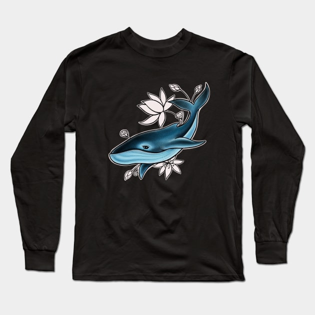 Whale with Lotus flower Long Sleeve T-Shirt by Print Art Station